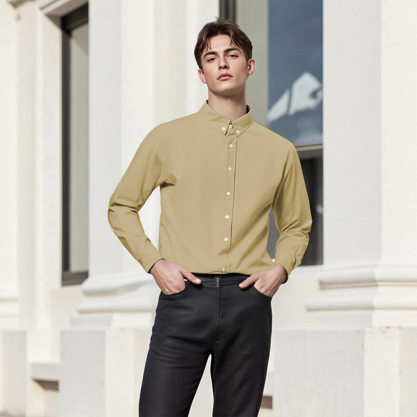 Men s Casual Fit Long Sleeve Button Down Shirt Solid Color Turn Down Collar Spring Autumn Fashion Top
