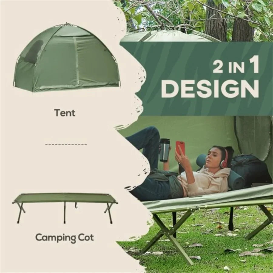 2-in-1 camping set includes a camping tent and an elevated cot.