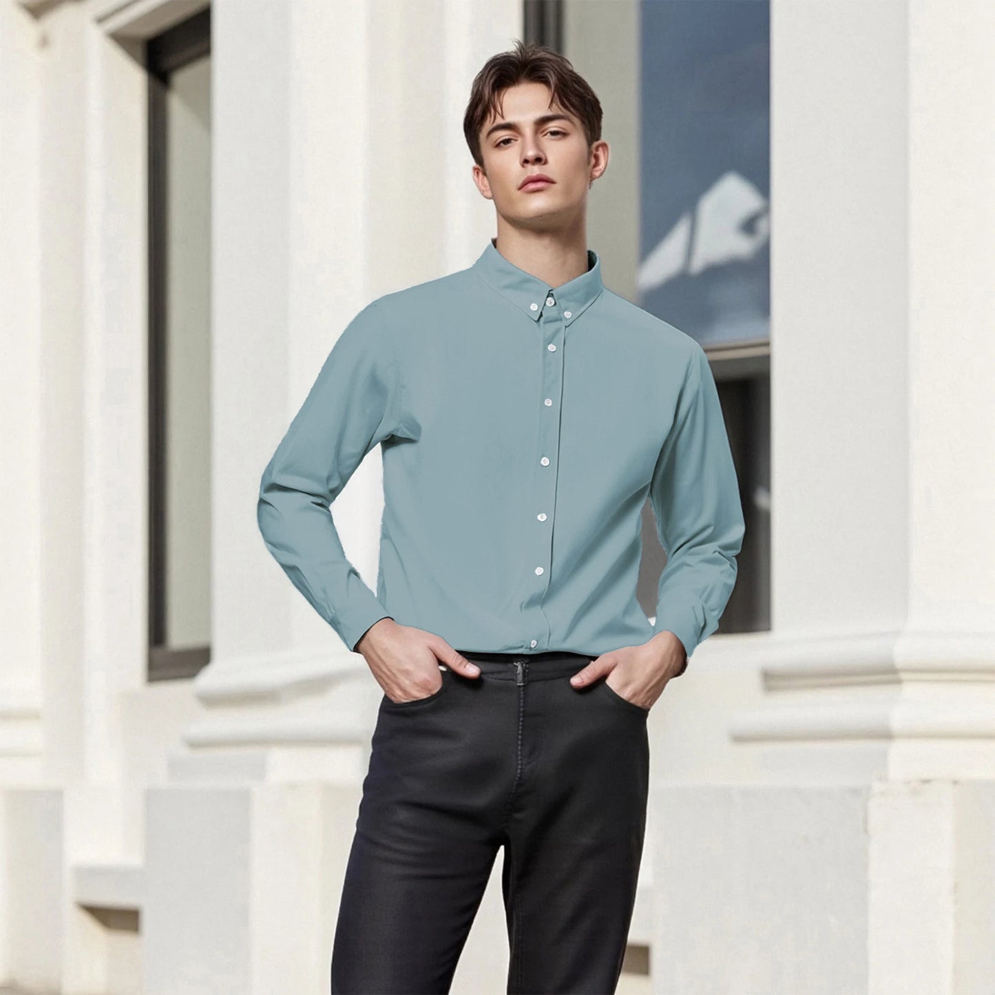 Men s Casual Fit Long Sleeve Button Down Shirt Solid Color Turn Down Collar Spring Autumn Fashion Top