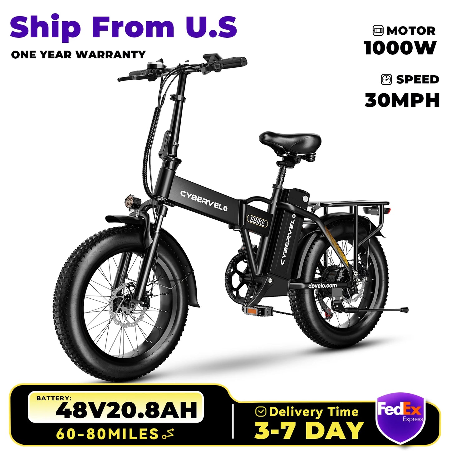 1000W Folding Electric Bike, 30+MPH, 80 Miles Max Range.