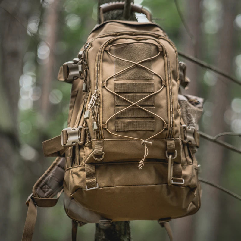 LQARMY 65L outdoor tactical backpack for men, large capacity military-style hiking and camping rucksack with multiple compartments.