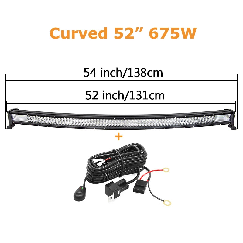 LED light bar by Your Outdoors n' More, available in curved and straight options, 22 to 52 inches, 675W or 540W, illuminated.