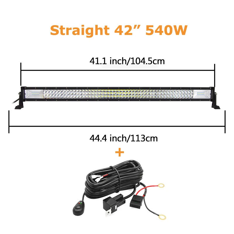 LED light bar from Your Outdoors n' More, available in 22, 32, 42, 52 inches with 675W or 540W brightness, curved or straight design.