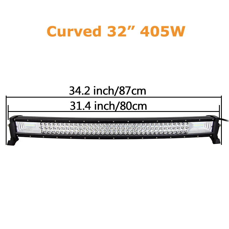 LED light bar by Your Outdoors n' More, available in 22, 32, 42, 52 inches, with 675W and 540W brightness, curved and straight designs.