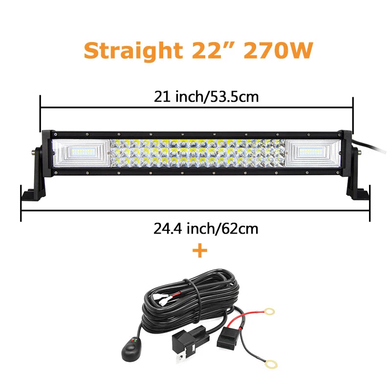 LED light bar by Your Outdoors n' More, 22-52 inch curved and straight models with 675W and 540W brightness on black background.