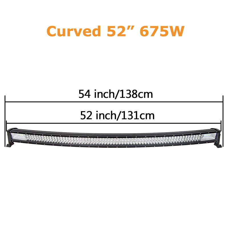 LED light bar by Your Outdoors n' More, 22 to 52 inch curved and straight models with 675W and 540W brightness for off-road use.
