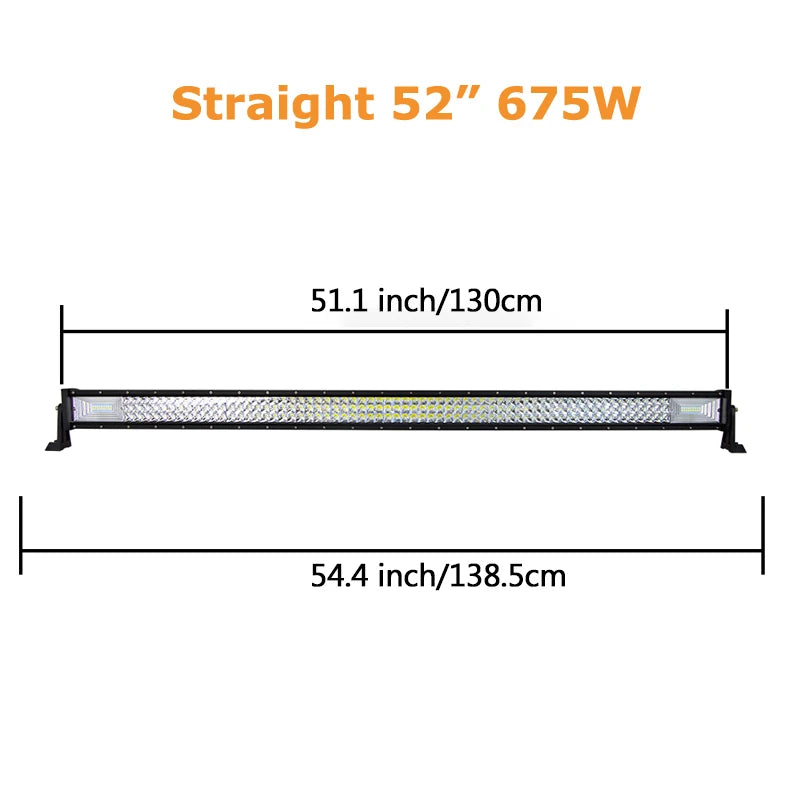 LED light bar by Your Outdoors n' More, 22 to 52-inch curved or straight design with 675W or 540W power, suitable for outdoor vehicles.