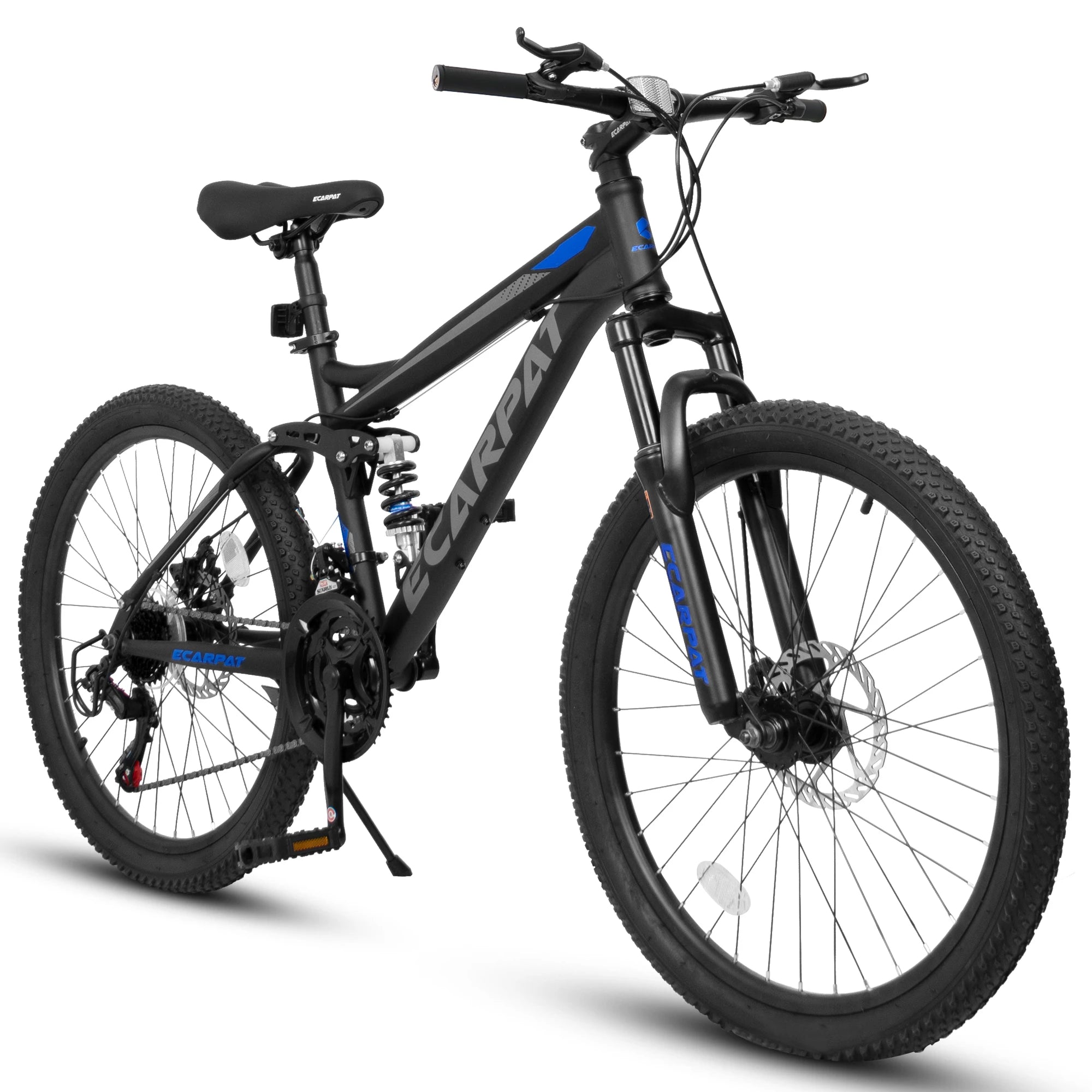 Ecarpat dual full suspension mountain bike with 24-27.5 inch wheels, 21-speed gears, disc brakes for men, women, and teens.