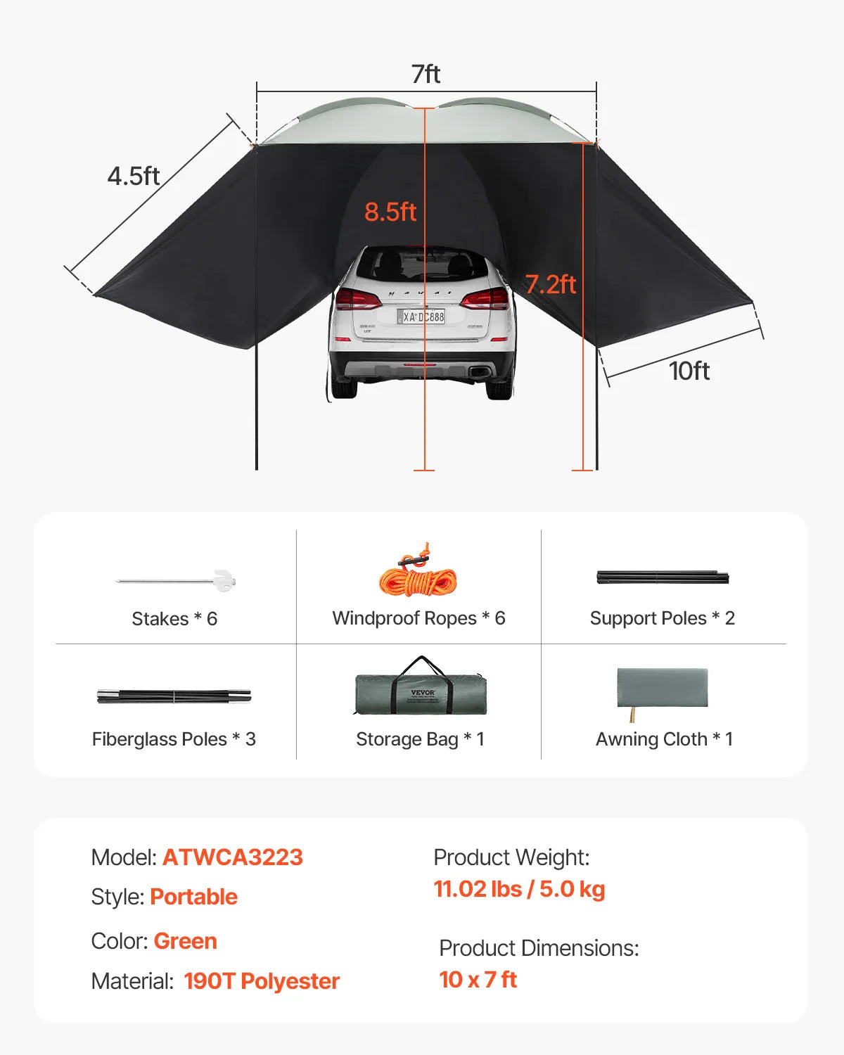 Retractable car side awning by Your Outdoors n' More, extended to provide shade and protection on a vehicle's side.
