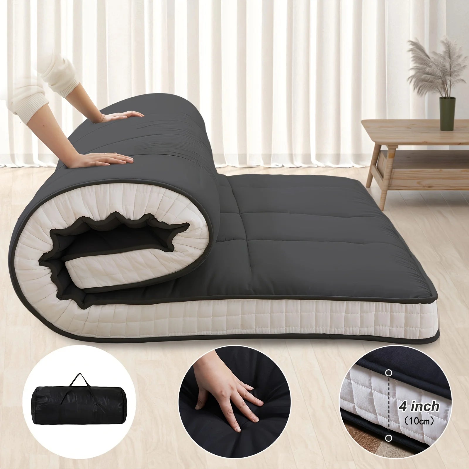 Japanese-style 4-inch extra thick memory foam floor mattress by Your Outdoors n' More, shown in a cozy room setting.