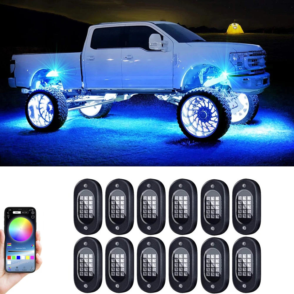 Underbody car rock lights from Your Outdoors n' More, showcasing vibrant LED lights illuminating the underside of a vehicle.