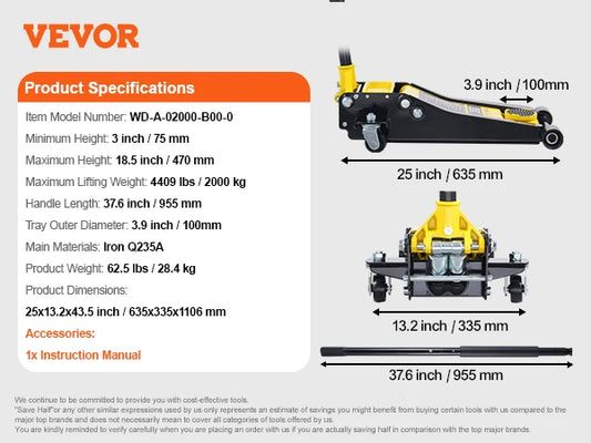 2 Ton Low Profile Floor Jack Heavy Duty.