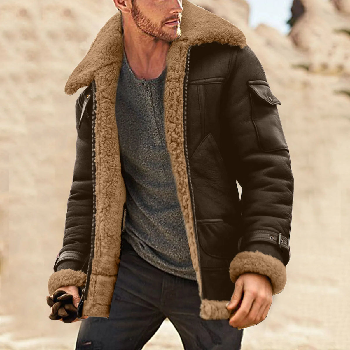 Men's plus size winter leather jacket by Your Outdoors n' More, fleece-lined, padded windbreaker with long sleeves and vintage style.