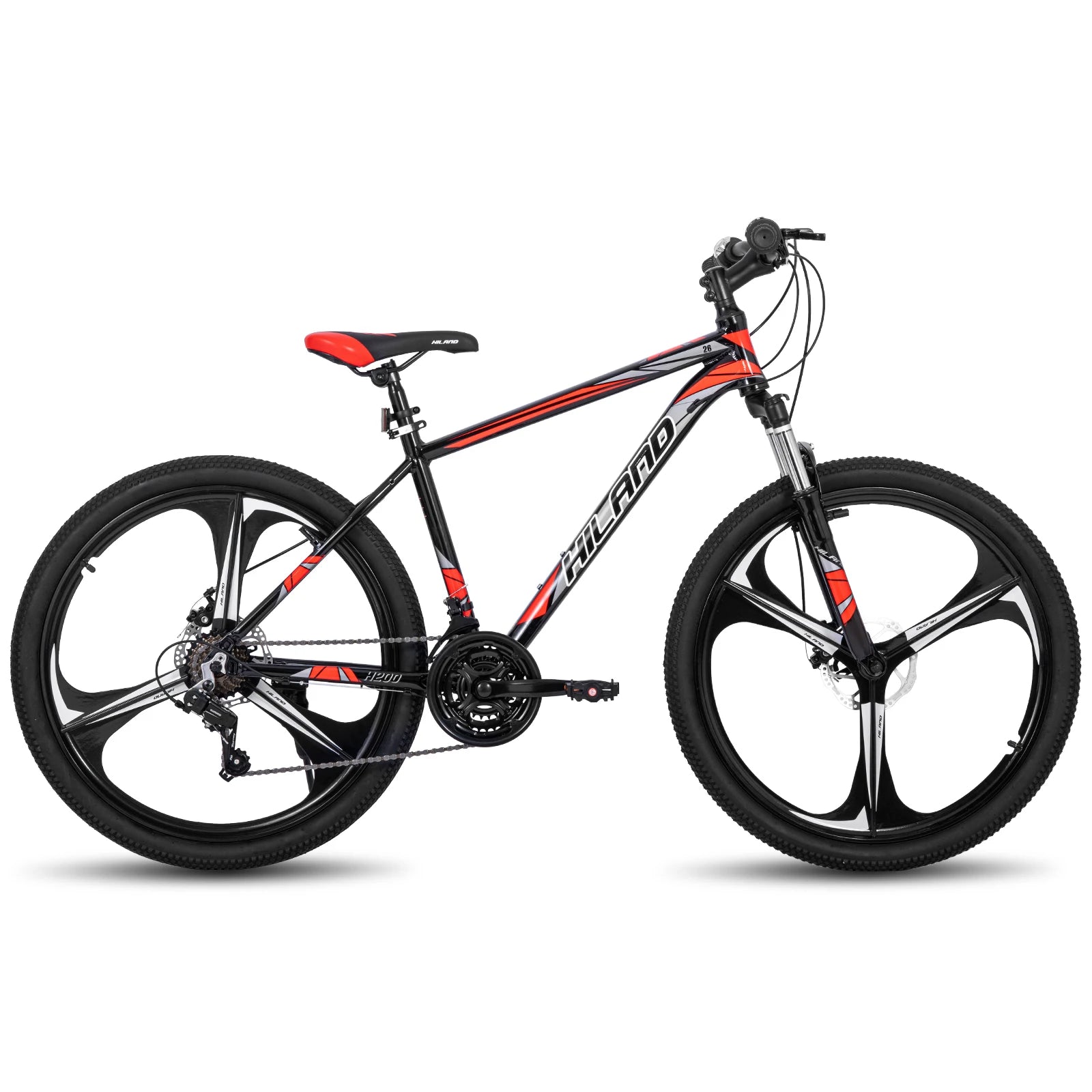 Mountain bike with Shimano 21-speed drivetrain, black frame and knobby tires, suitable for trail riding and outdoor adventures.