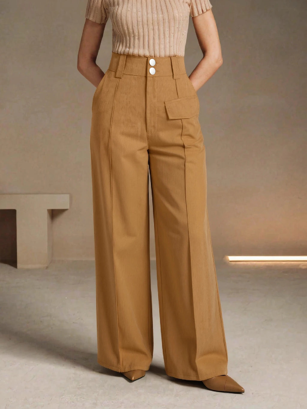 Women's High Waist Corduroy Wide Leg Pants.
