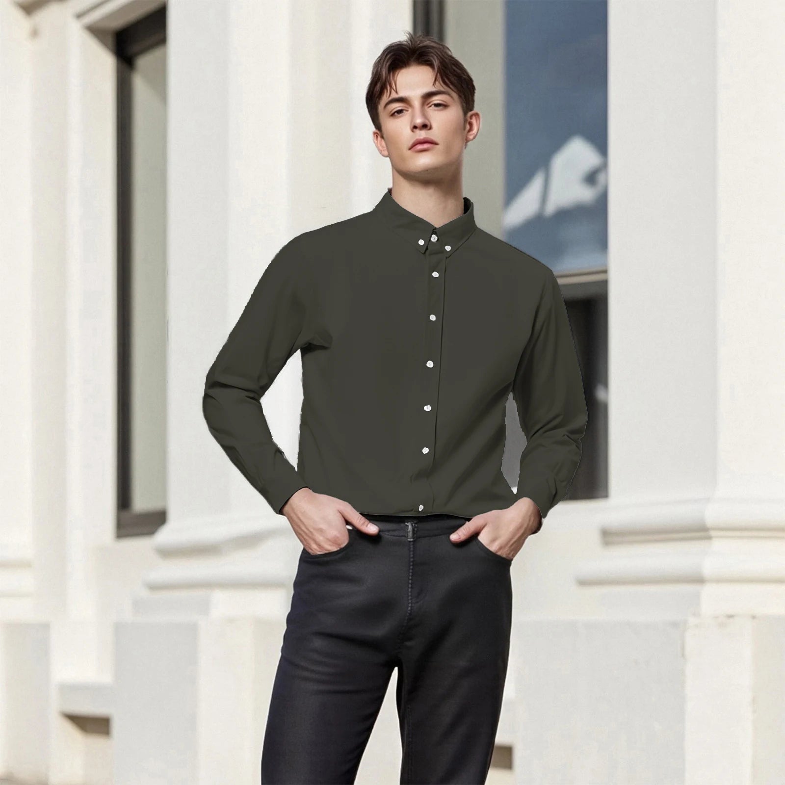Men's casual fit long sleeve button-down shirt with solid color, turn-down collar, perfect for spring and autumn, from Your Outdoors n' More.