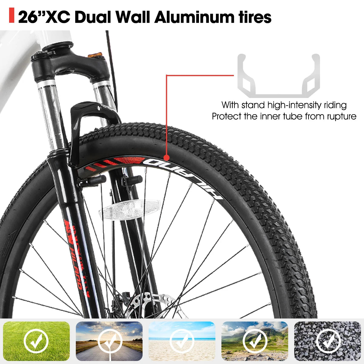 Hiland 20, 26, or 27-inch women's mountain bike with 21-speed gears and lock-out suspension fork on a trail.