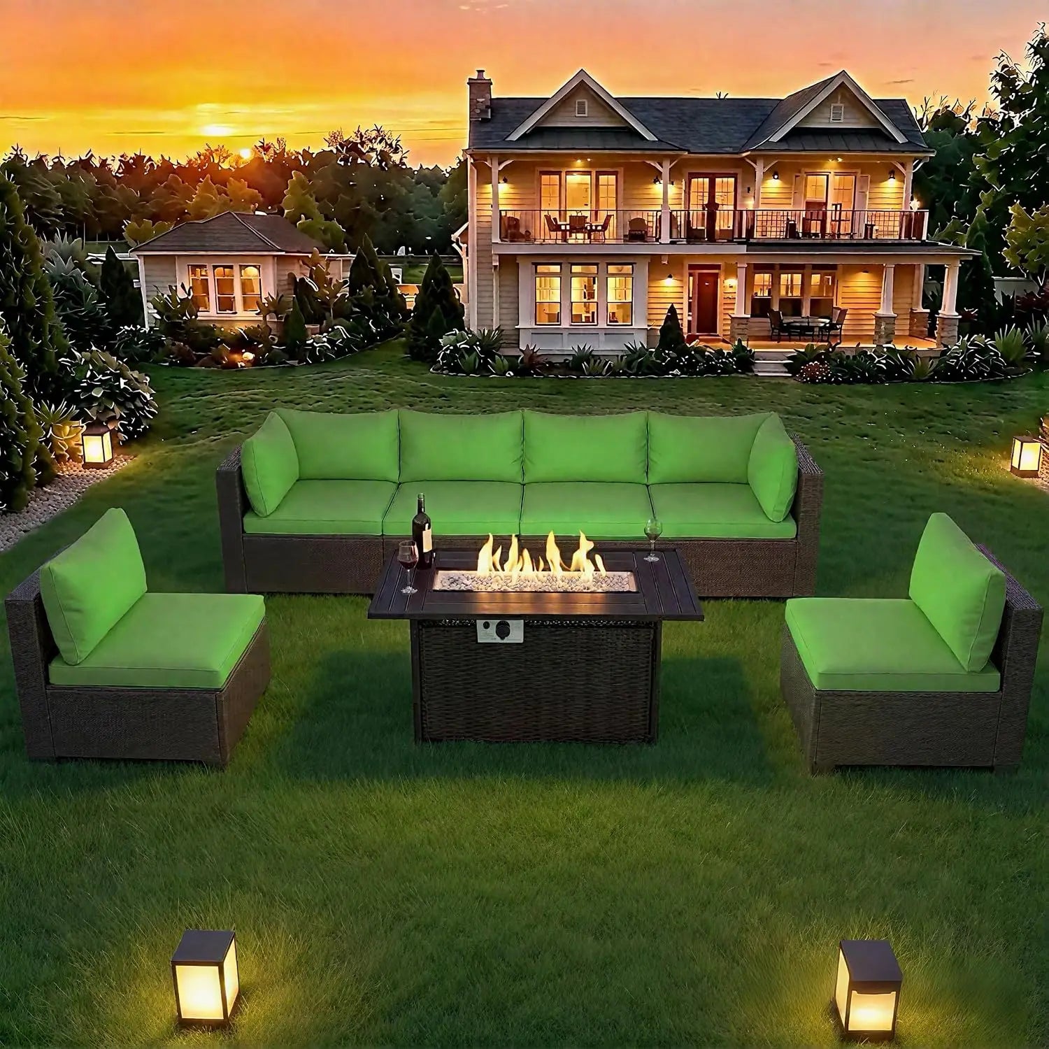 8-Piece Wicker Patio Conversation Set with 44" Propane Fire Pit Table.