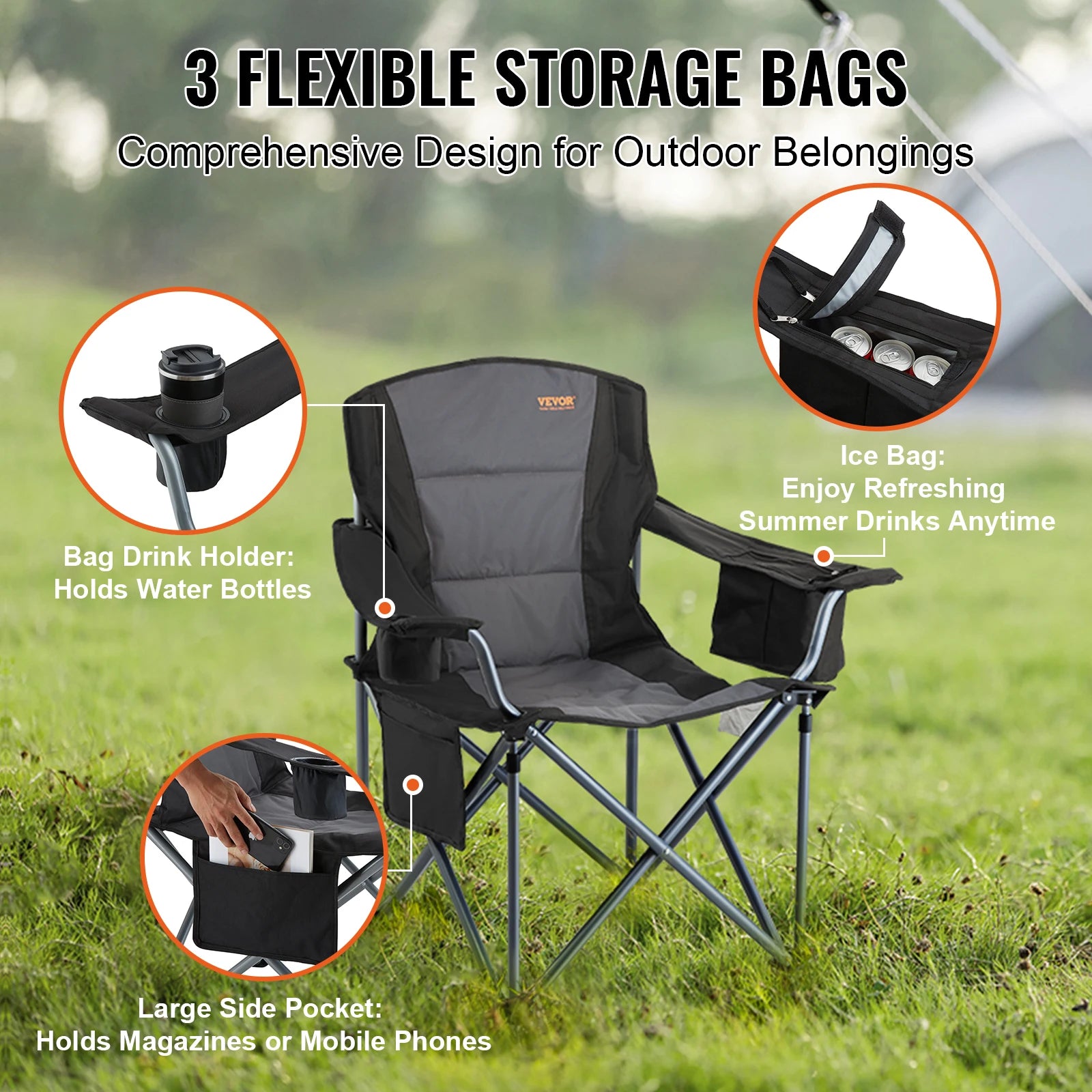Outdoor camping chair from Your Outdoors n' More, sturdy high load capacity 350lbs, lightweight and foldable for outdoor adventures.