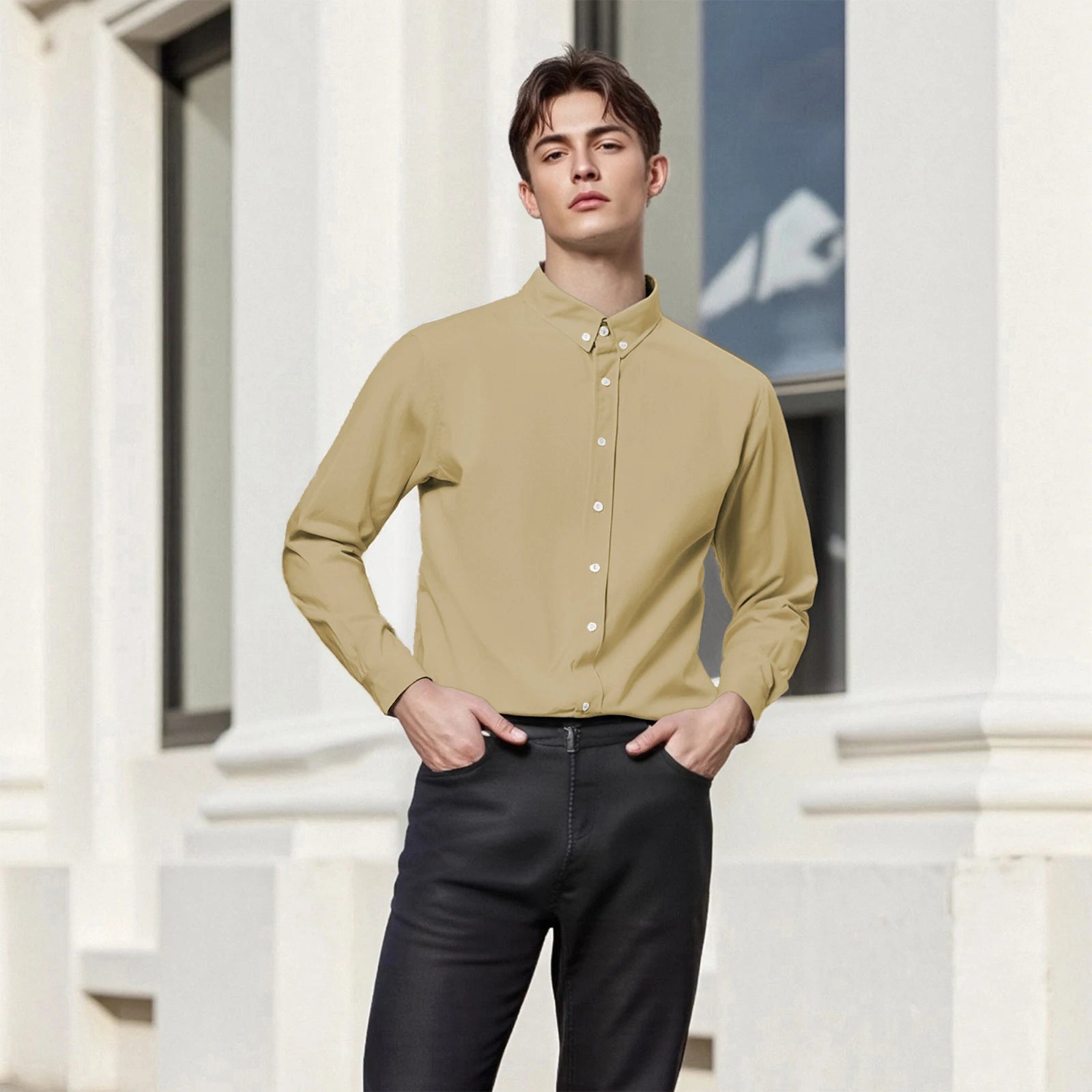 Men's casual fit long sleeve button-down shirt with turn-down collar, solid color, ideal for spring and autumn fashion.