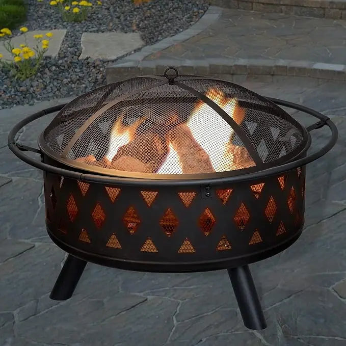32-Inch Wood-Burning Outdoor Fire Pit with Screen, Poker, and Cover.