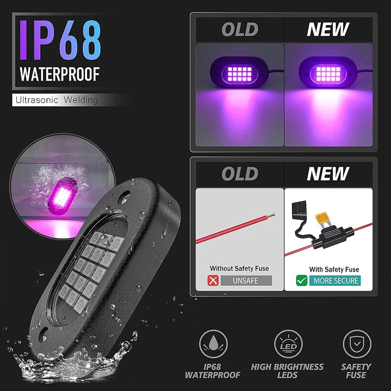 Car underbody rock lights from Your Outdoors n' More illuminating the underside of a vehicle with vibrant LED lights.