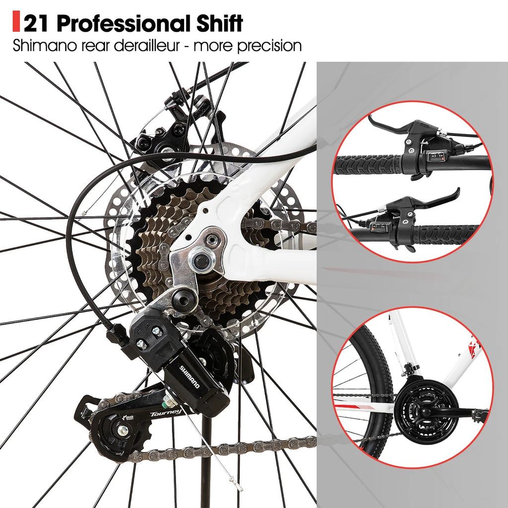 Hiland women's mountain bike with 20, 26, or 27-inch wheels, 21-speed gears, and lock-out suspension fork for off-road riding.