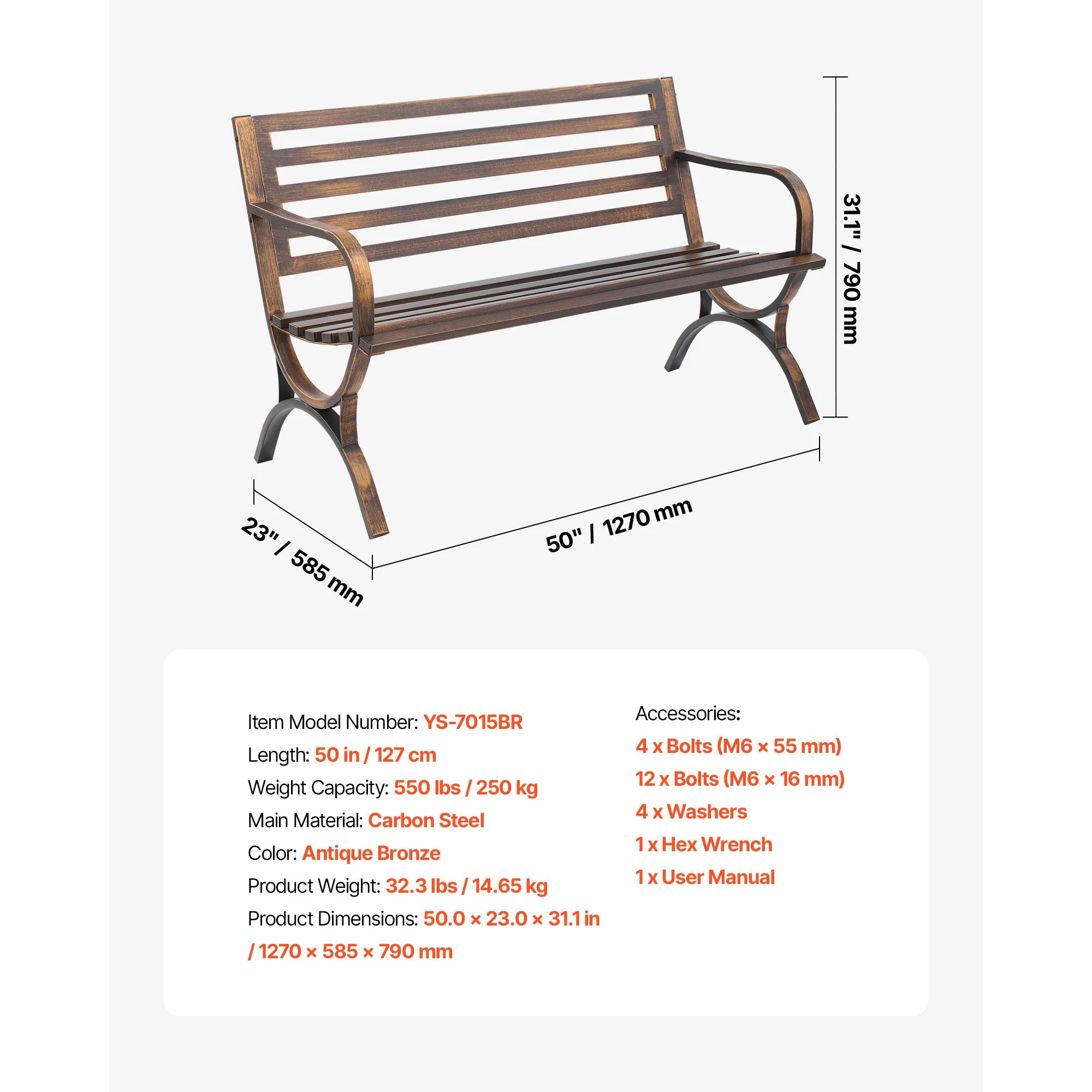 Wooden and metal garden bench for outdoor seating, with a sturdy frame and slatted wooden seat, ideal for outdoor patios or gardens.