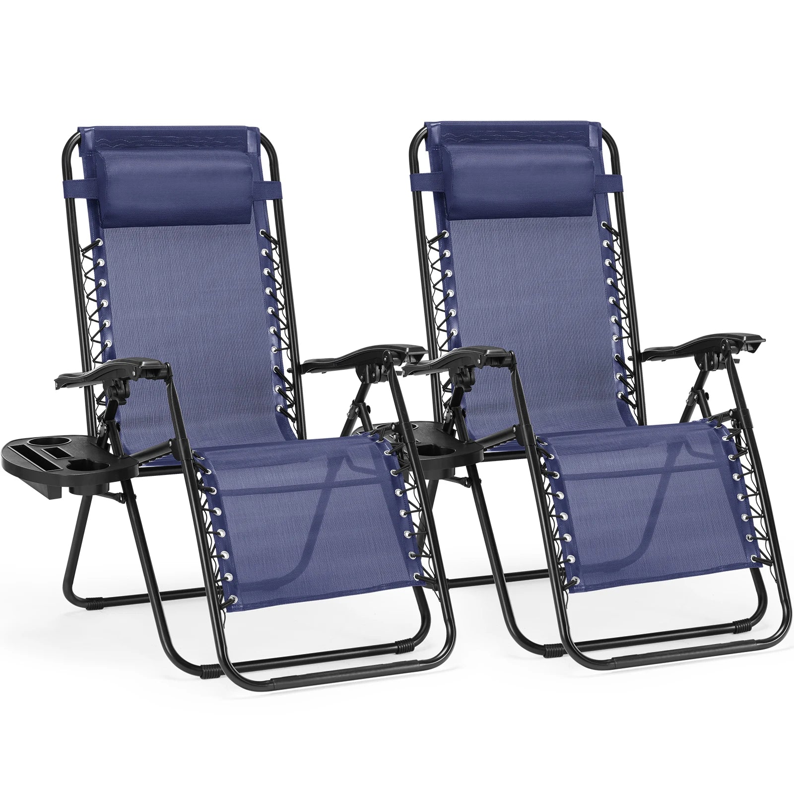 Pair of portable zero gravity recliners by Your Outdoors n' More, showing adjustable headrests and durable fabric in outdoor setting.