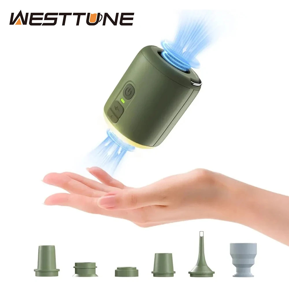 WestTune tiny air pump with camping lantern, compact outdoor device for inflating and lighting during camping trips.