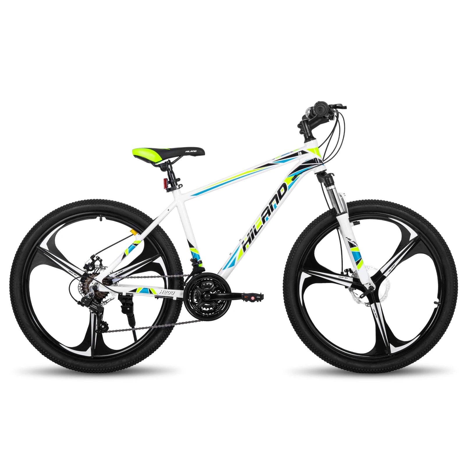 Mountain bike with Shimano 21-speed drivetrain, featuring a sturdy frame and gear shifters for versatile outdoor riding.