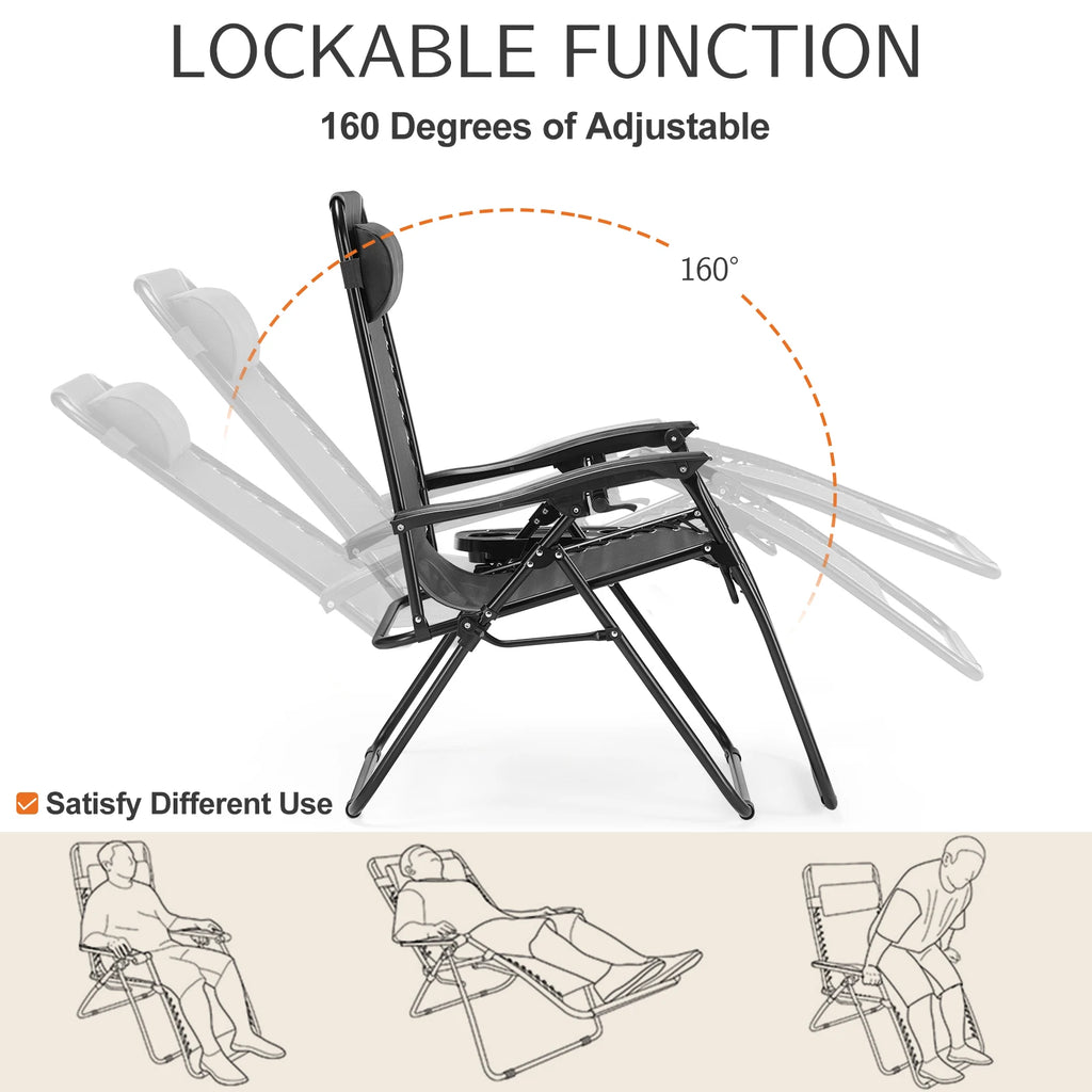 Zero Gravity Recliners from Your Outdoors n' More, set of 2 portable chairs with adjustable positions and mesh seats for outdoor relaxation.