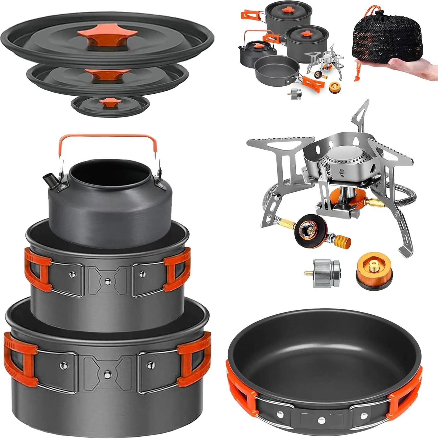 Your Outdoors n' More camping cookware mess kit with stove, including pots, pans, and utensils for outdoor cooking.