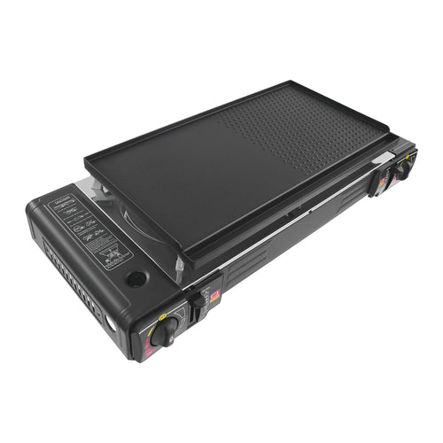 Two-burner family camping gas stove with grill pan by Your Outdoors n' More, featuring compact design and sturdy cooking surface.