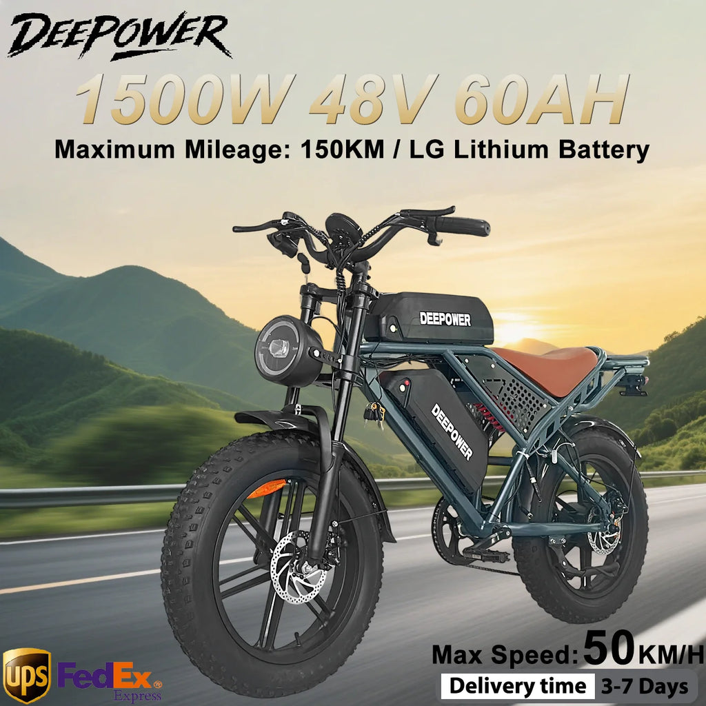 DEEPOWER QS7 electric bike with 20-inch fat tires, dual batteries, off-road design, 1500W motor, and adult all-terrain ebike features