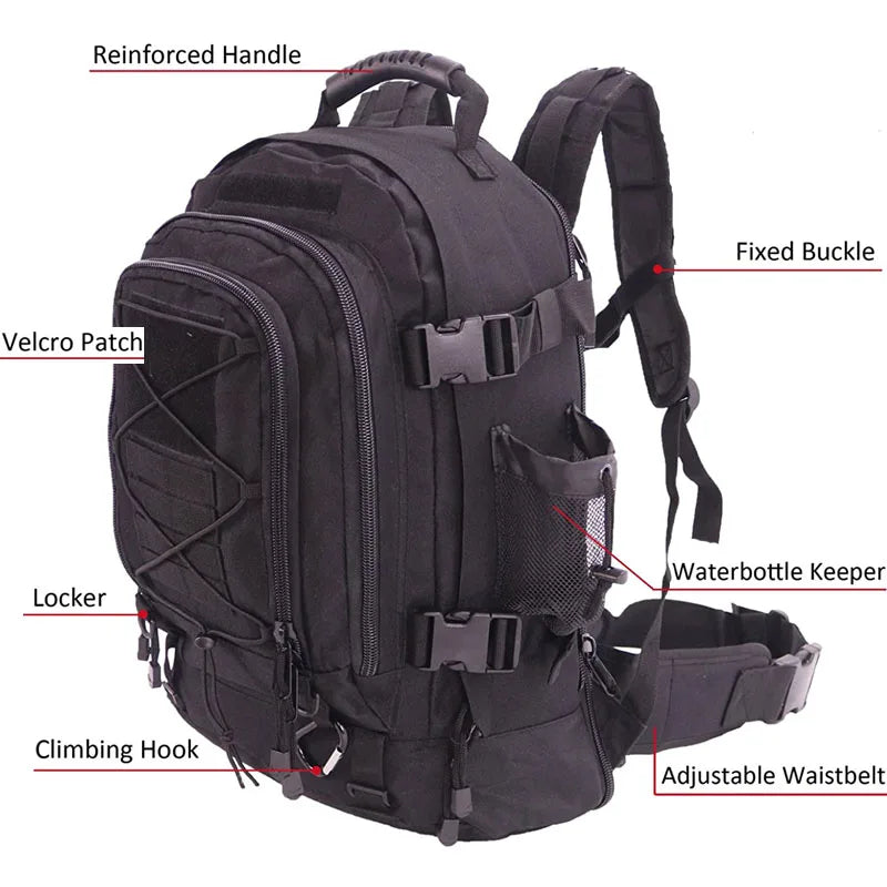 Military tactical backpack with 60L capacity, durable camouflage design, multiple compartments, and adjustable straps from Your Outdoors n' More
