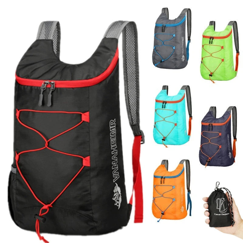 Multifunctional outdoor folding backpack from Your Outdoors n' More, shown in compact, foldable form ready for hiking or travel.