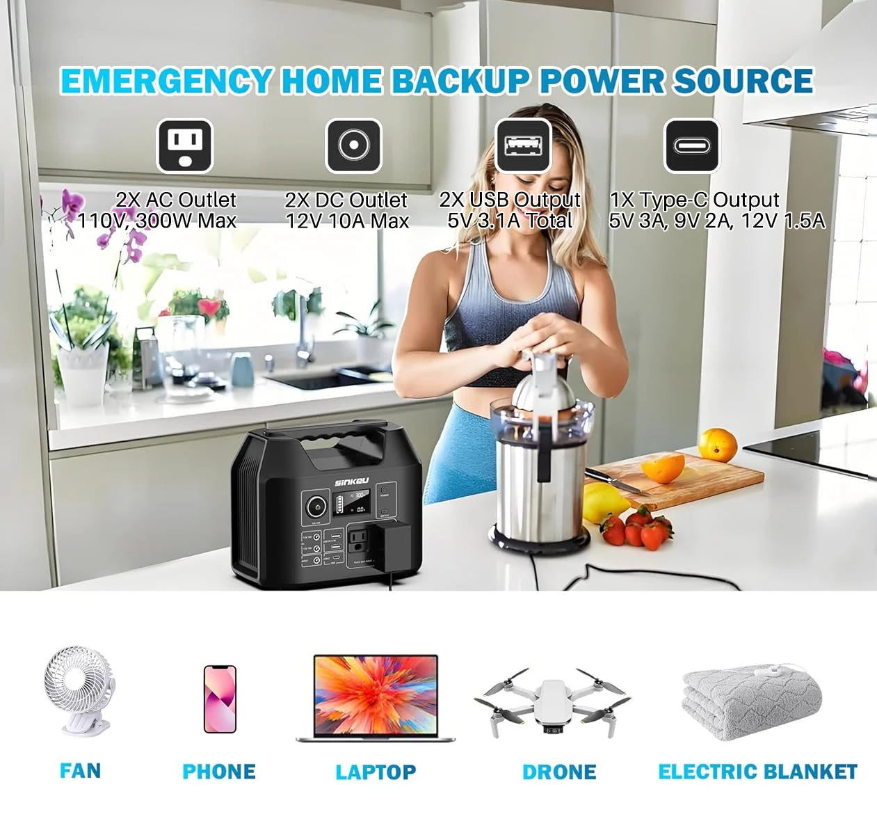 Portable 300W solar generator with 256Wh LiFePO4 battery, USB, AC, DC ports for camping and outdoor power needs.