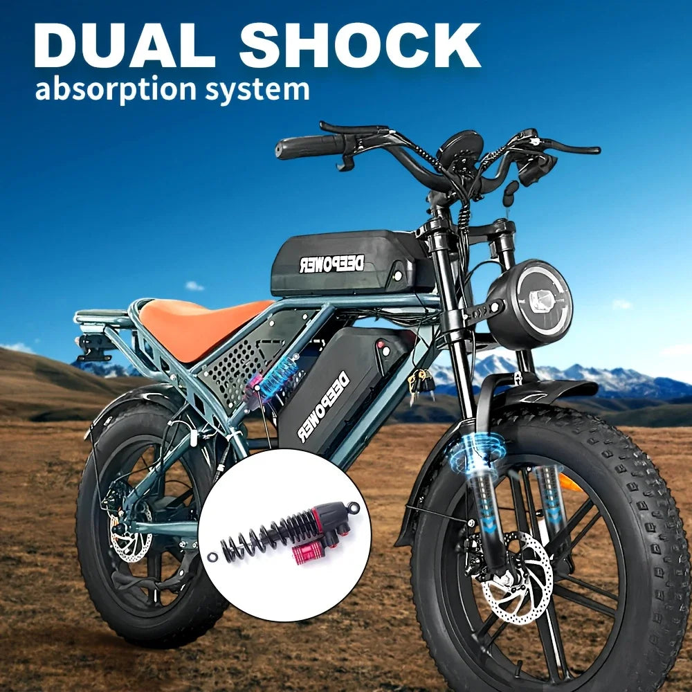 DEEPOWER QS7 electric bike with 20-inch fat tires, dual batteries, and off-road design for adult all-terrain riding.