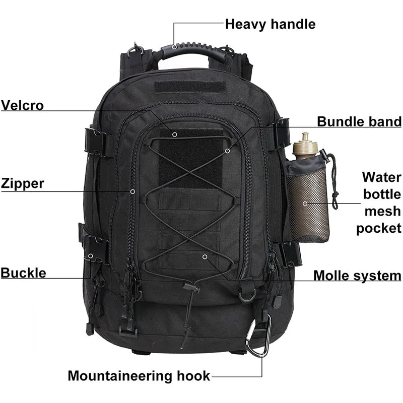 60L military tactical backpack in camouflage with multiple compartments and MOLLE webbing, designed for outdoor and tactical use.