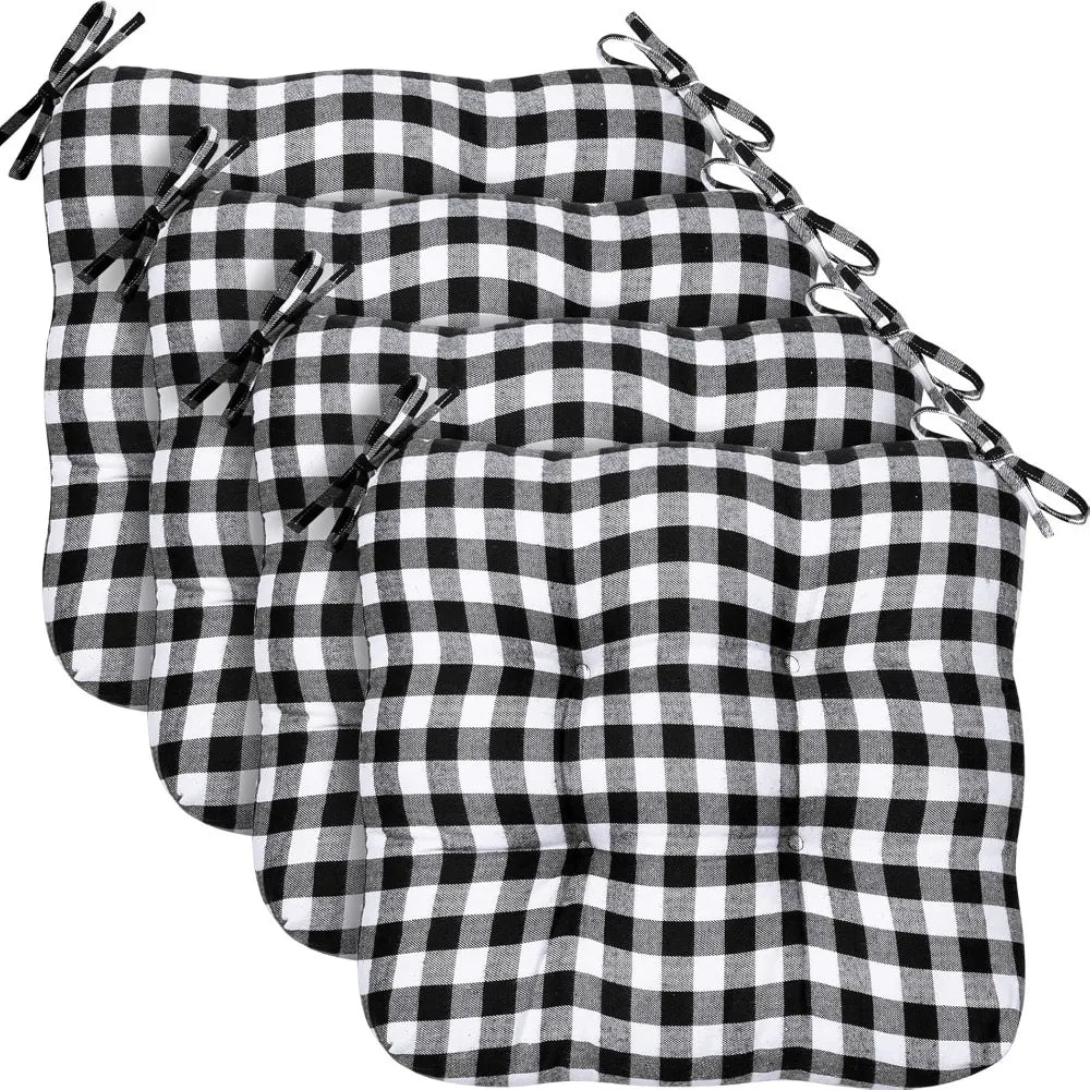 Set of four outdoor chair cushions in neutral fabric with ties for secure fit, by Your Outdoors n' More.
