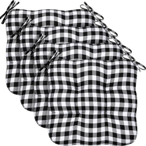 Set of four outdoor chair cushions in neutral fabric with ties for secure fit, by Your Outdoors n' More.