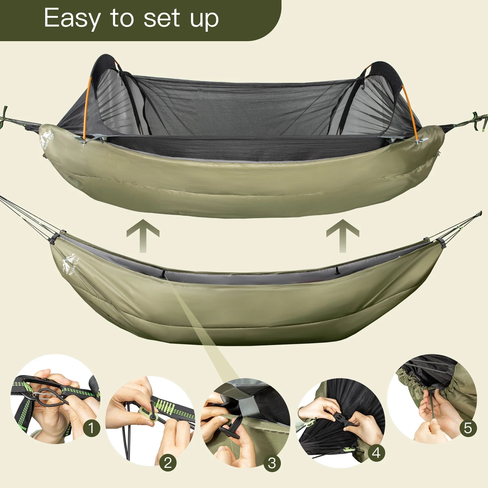 Your Outdoors n' More night hammock with sleeping bag set, showing the hammock suspended with the sleeping bag ready for camping.