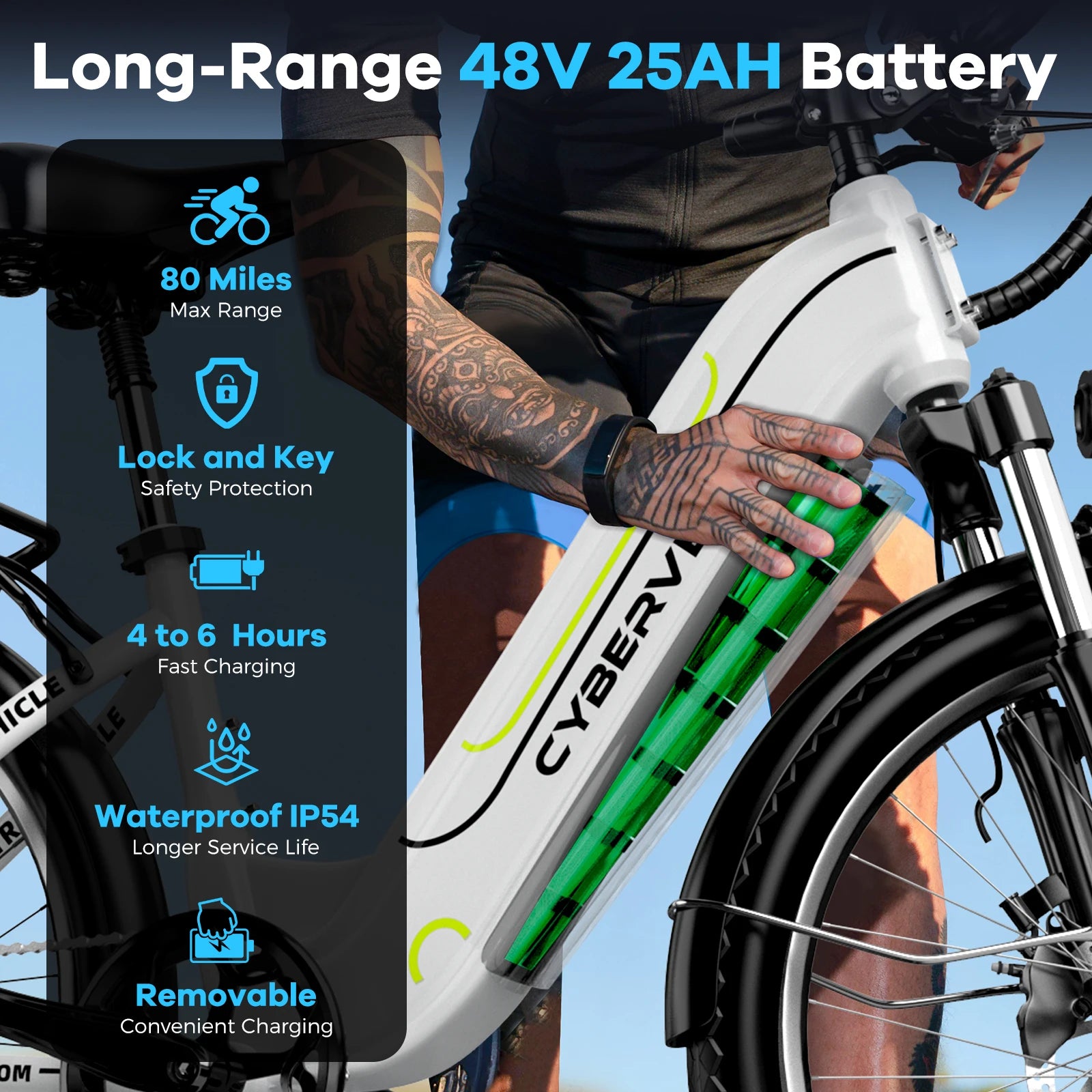 26-inch electric e-bike with 7-speed gear system and battery display, designed for long-distance riding up to 80 miles.