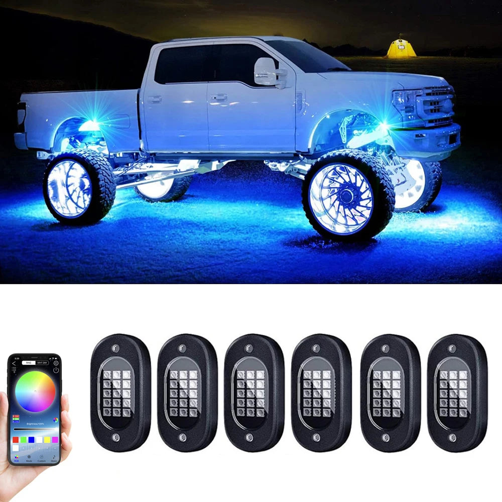 Underbody car rock lights by Your Outdoors n' More illuminating the underside of a vehicle with vibrant lighting.