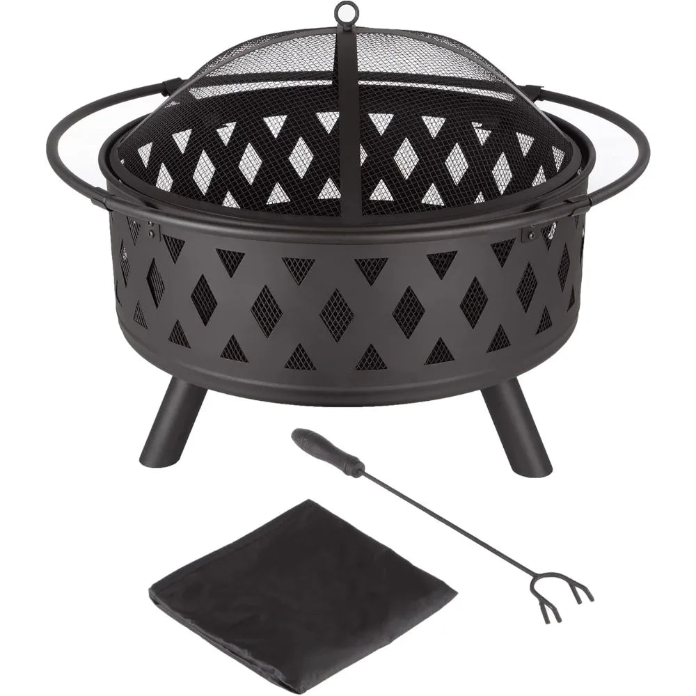 32-Inch Wood-Burning Outdoor Fire Pit with Screen, Poker, and Cover.