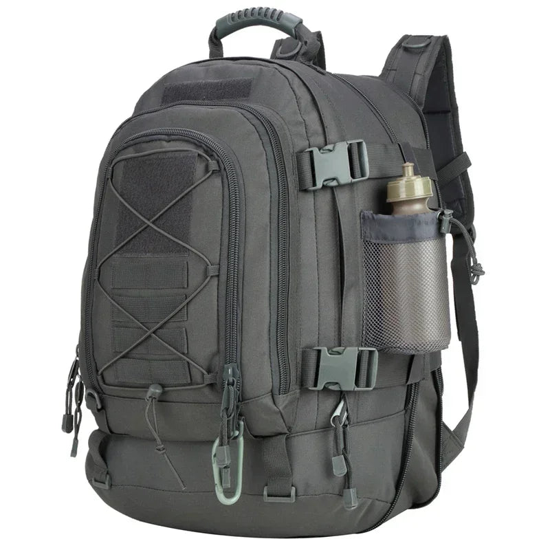 Military tactical backpack in 60L capacity with multiple compartments and MOLLE webbing, designed for outdoor and tactical use.