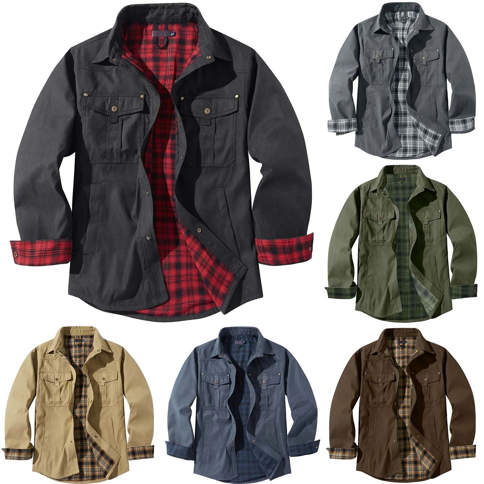 Men's Plus Size Lapel Plaid Flannel Casual Jacket.