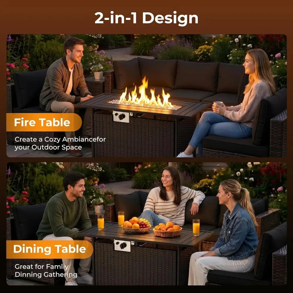 8-Piece Wicker Patio Conversation Set with 44" Propane Fire Pit Table.