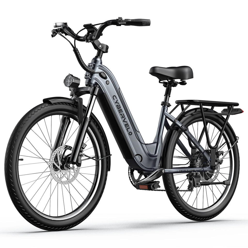 26-inch electric e-bike with 7-speed gear system from Your Outdoors n' More, featuring a sleek frame and digital display.